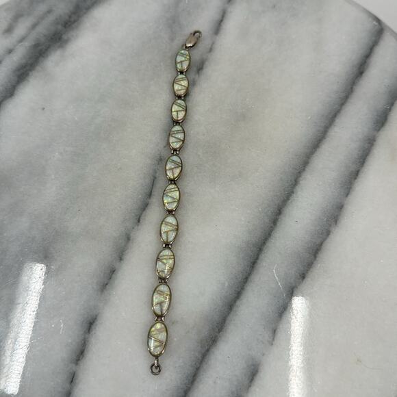Sterling silver opal inlay oval link bracelet - Picture 2 of 7
